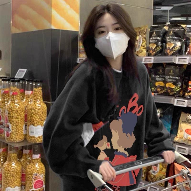 Women's Round Neck Black Sweatshirt Autumn New Ladies Cartoon Print Oversized Long Sleeved Hoodie Top