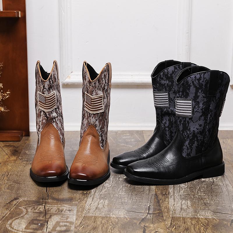 Golden Sapling Western Cowboy Mid-calf Boots for Men Retro PU Leather Military Shoes Outdoor Camouflag Combat Boot Man