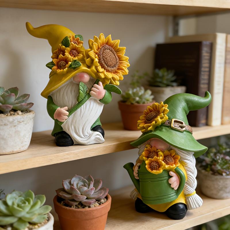2Pcs Sunflower Gnome Ornament, Resin Garden Gnome, Yellow Hat Hugging Sunflower Gnome, Tabletop Window Sill Ornament