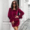 Elegant Slash Neck Velvet Hip Wrap Dress Fashion Flared Sleeve Mini Dress Autumn Winter Office Ladies Solid Pleated Sexy Dresses