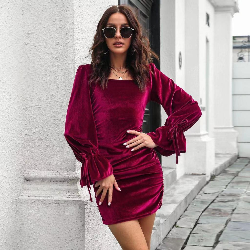Elegant Slash Neck Velvet Hip Wrap Dress Fashion Flared Sleeve Mini Dress Autumn Winter Office Ladies Solid Pleated Sexy Dresses