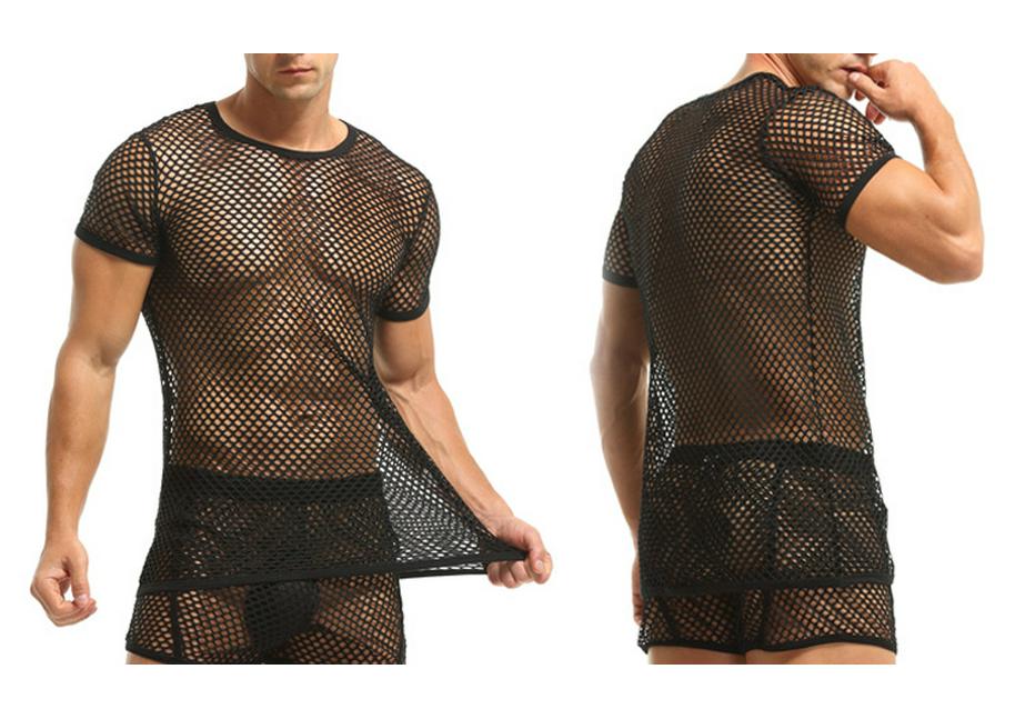 European Men's Fishnet Round Neck Short Sleeve Casual Loose Plus Size Top