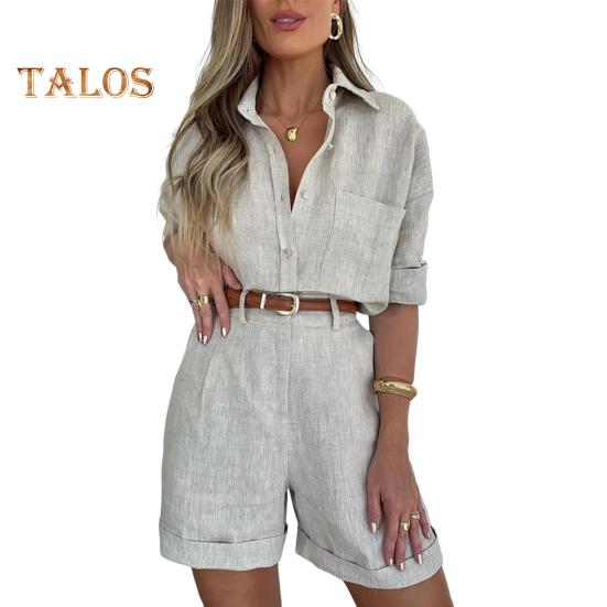 

2 шт./компл., женская рубашка, шорты, комплект с поясом, сплошной цвет, длинные рукава, нагрудные карманы, блузка с лацканами, высокая талия, свободные брюки длиной до колена, повседневный комплект для поездок на работу XL