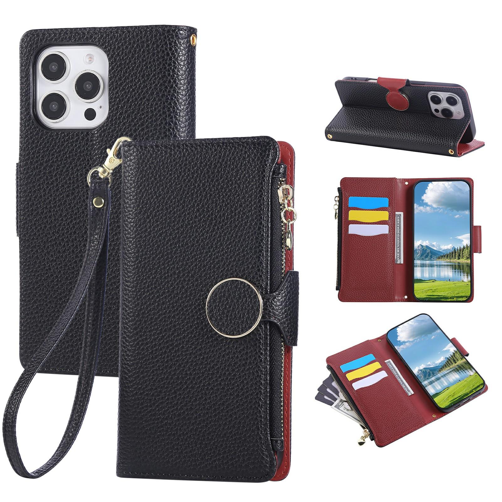

For iPhone 16 Pro Case Zipper Wallet Leather Phone Cover with Wrist Strap Black