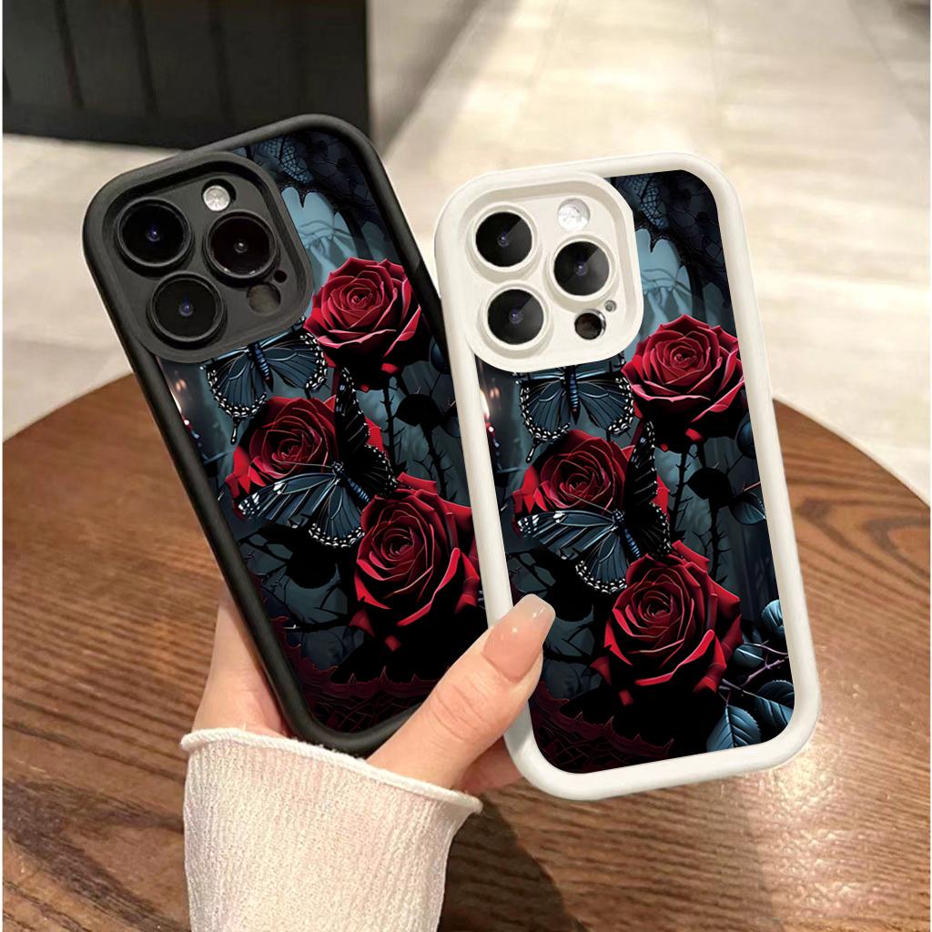 Dark Style Red Rose Butterfly Art Phone Case for iPhone 17 16 15 14 13 12 11 Series Pro Max Plus Double Layer Protection