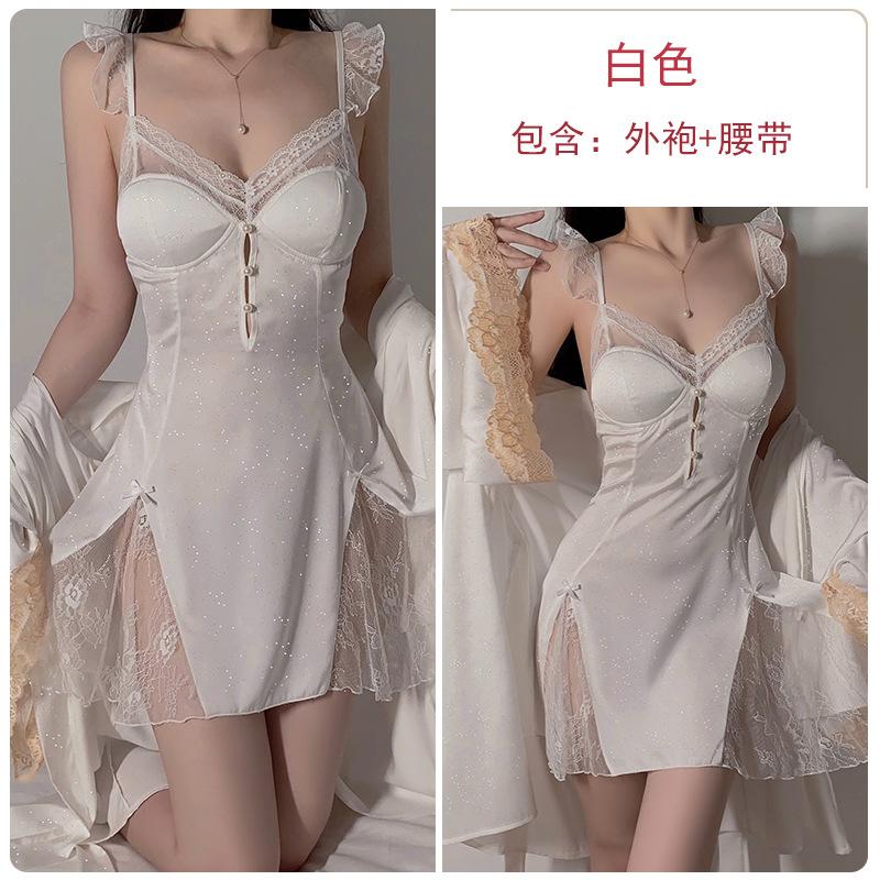 Women's Shimmer Satin Lace Sheer Padded Backless Sleep Dress with Robe Lounge Set