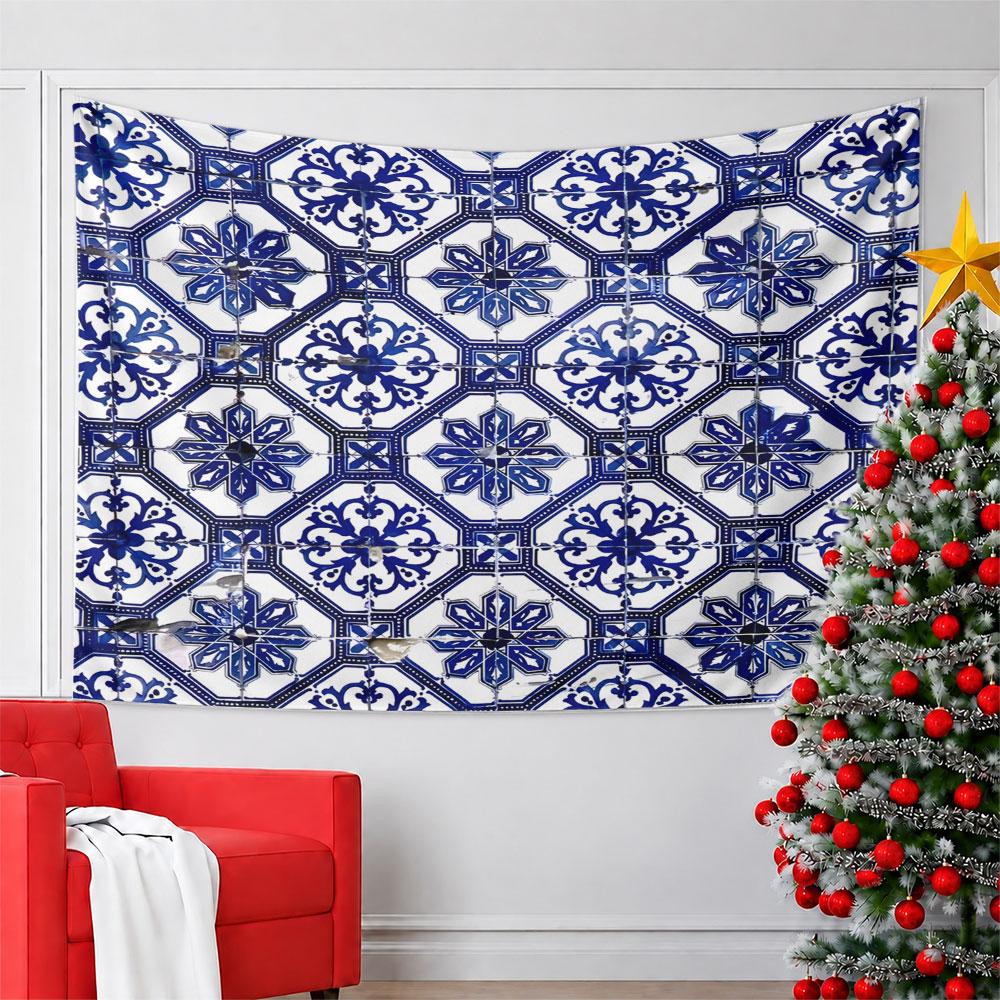 Blue and White Tile Pattern Design Pattern Wall Hanging Tapestry Decorative Tapestry Home Decor for Bedroom and Living Room