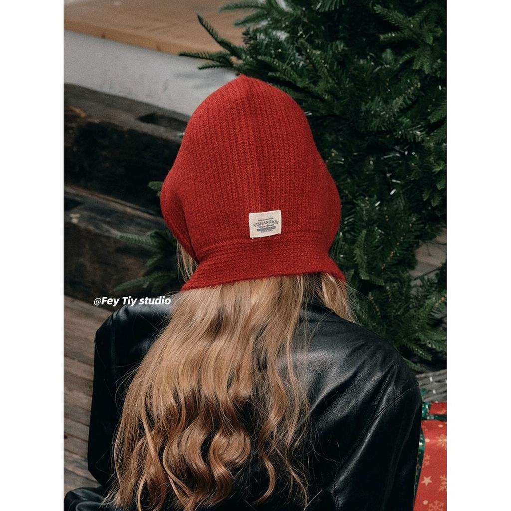 ins Little Red Riding Hood Autumn and Winter Straps Warm Balaclava Hat Stylish Vintage Pullover Ear Cap Women