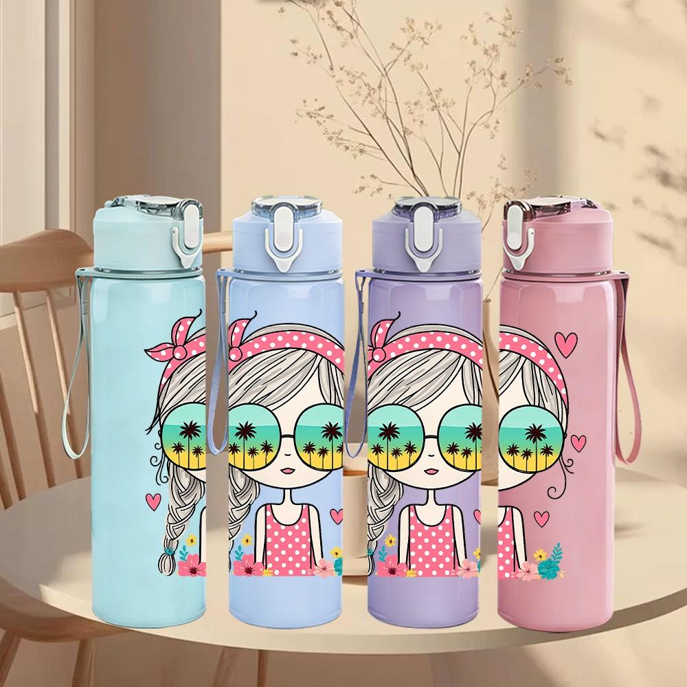 1PC Girl Wearing Glasses Pink Hairband Print 750ml Color Plastic Sports Water Bottle Leakproof Flip Straw Lid Suitable for Sports Office Home Use