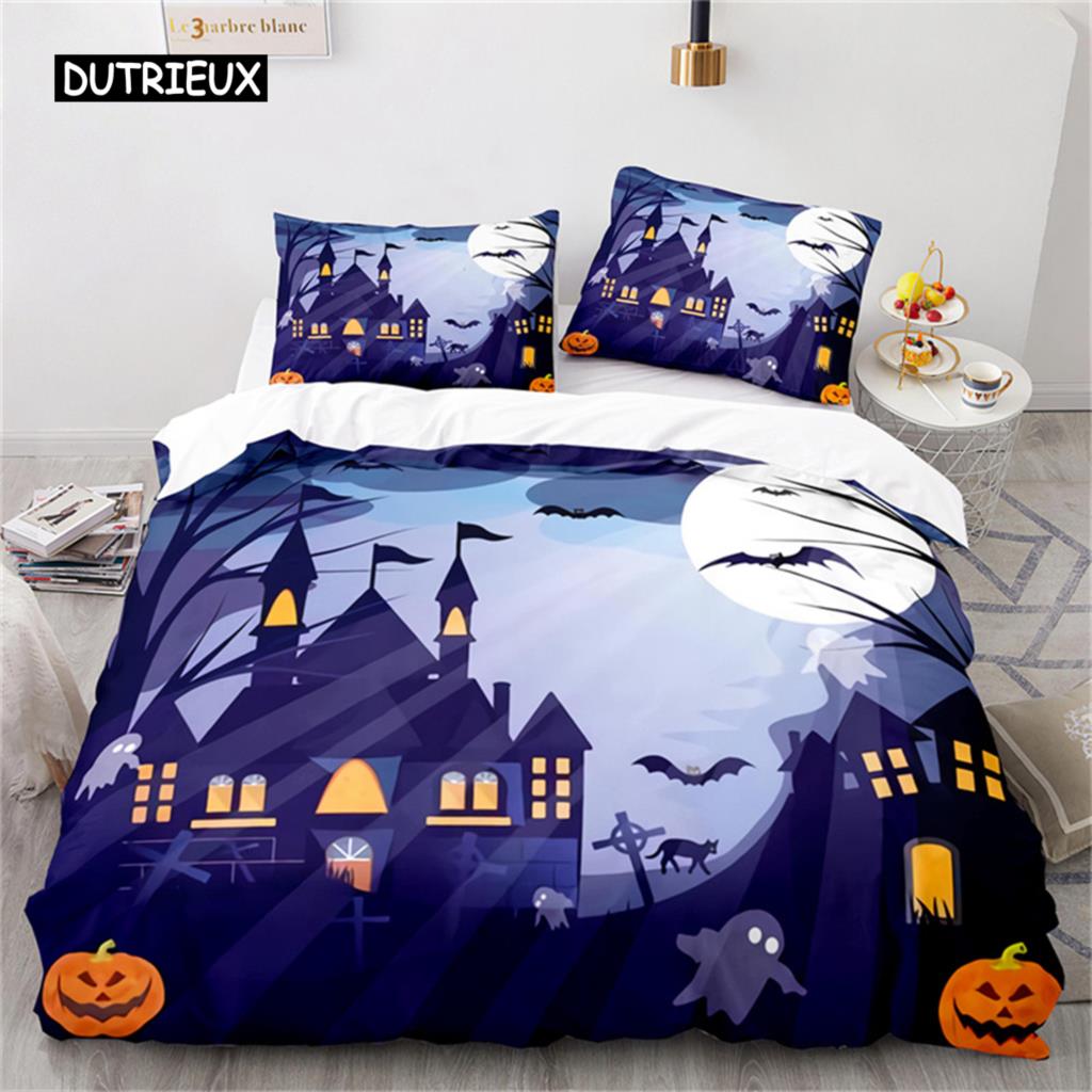 Duvet Cover Halloween Bedding Set Pumpkin Polyester Cartoon Horror Festival Bat Comforter Cover Twin for Kid Adult Gift Bedroom