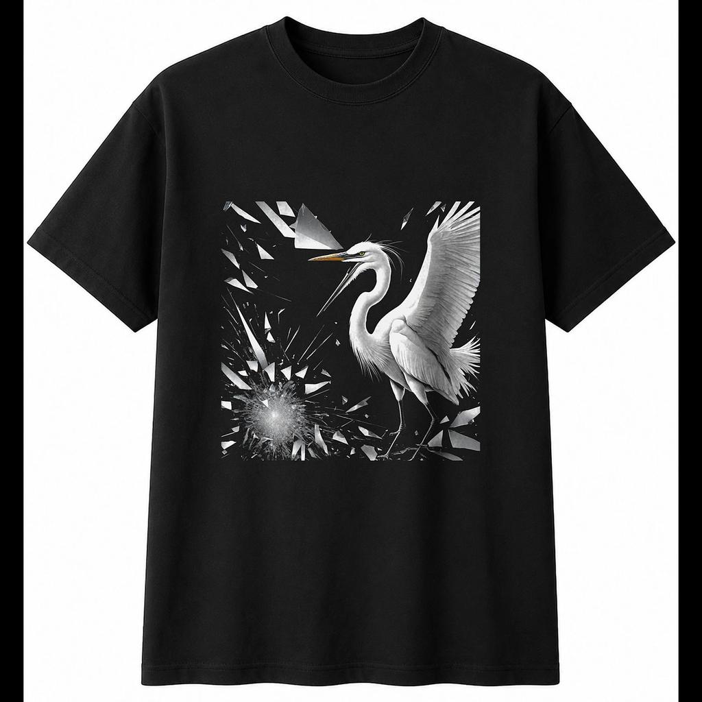 Charcoal Egret Shattered Bird Mens T-Shirt Black 100% Cotton Wildlife Printed