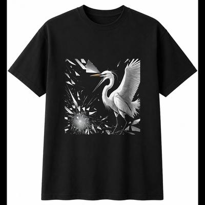 Charcoal Egret Shattered Bird Mens T-Shirt Black 100% Cotton Wildlife Printed