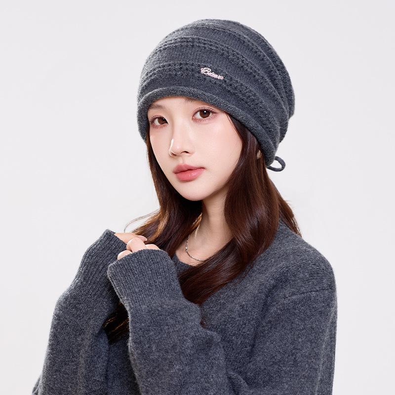 Women S Knit Slouch Beanie With Metal Tag Drawstring Warm Ear Protection Windproof Hat