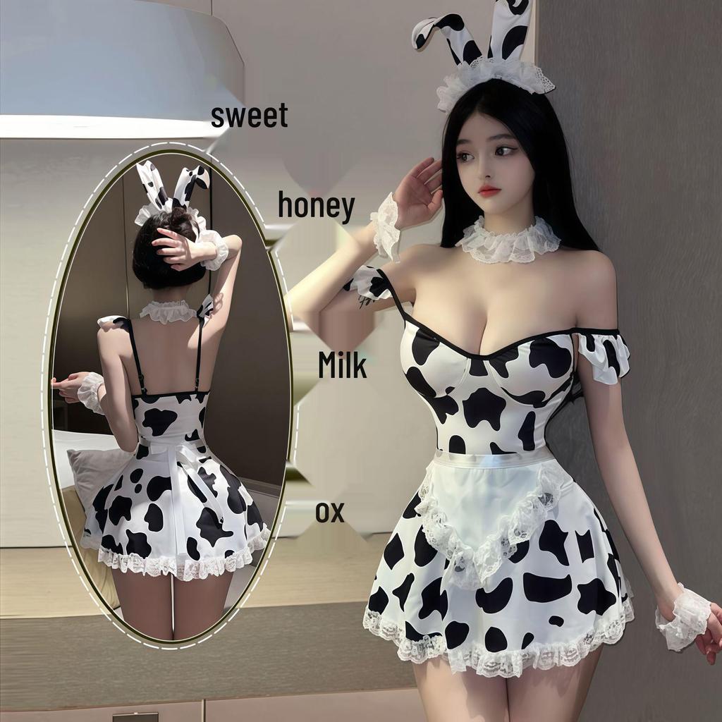 Original Design Women's Cute Cow Lingerie Pajama Set - Polyester, Lace-Up, Sexy, and Playful Cow Uniform Style