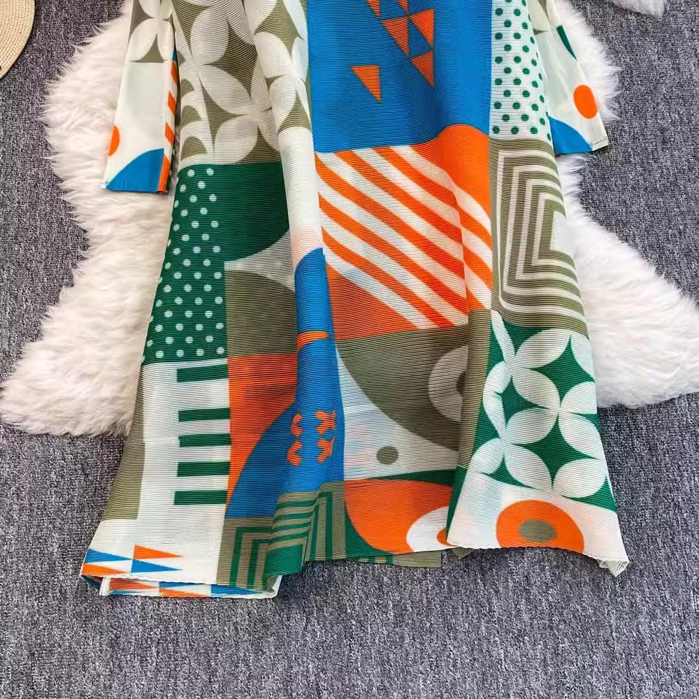 Autumn Spring Fashion Print Colorblock Oversized Loose Shirt Dresses Women's Single Breasted Draped Pleated Party Miyake Clothing