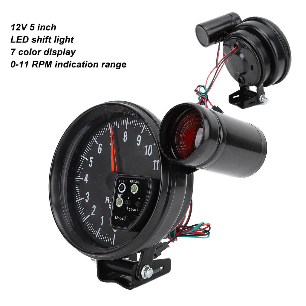 12V 5in Car Tachometer with LED Shift Light 7 Color Display 11 RPM for 4 6 8 Cylinder Vehicles