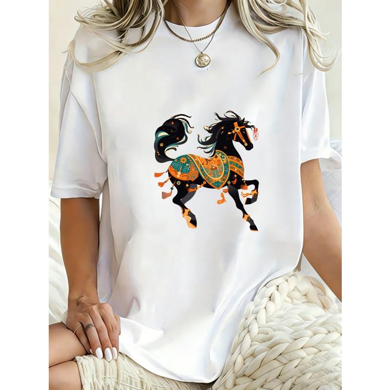 Übergroßes T-Shirt Schwarz Bunter Pferdeprint Für Freizeitkleidung