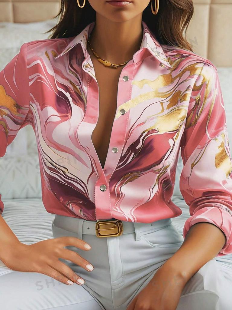 European & American Spring/Fall New Style Long Sleeve Lapel Loose Fit Digital Print Shirt