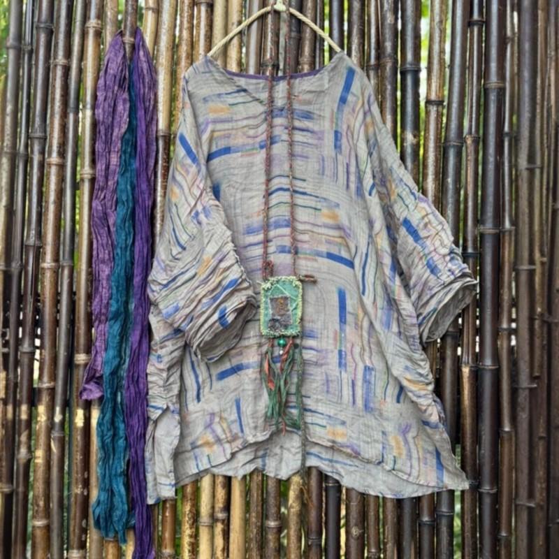 Johnature Women Vintage Print T-Shirts V-Neck Seven Sleeve Autumn Loose Female Chinese Style T-Shirts