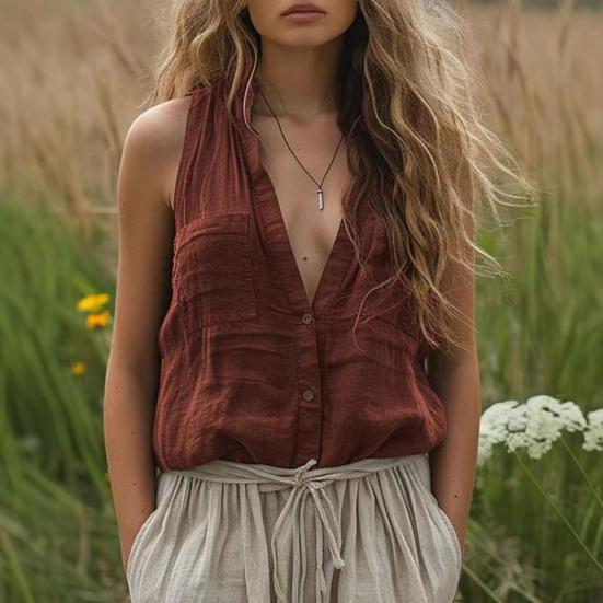 Women Summer Shirt Stand Collar V-Neck Sleeveless Buttons Placket Shirt Tops Solid Color Casual Shirt