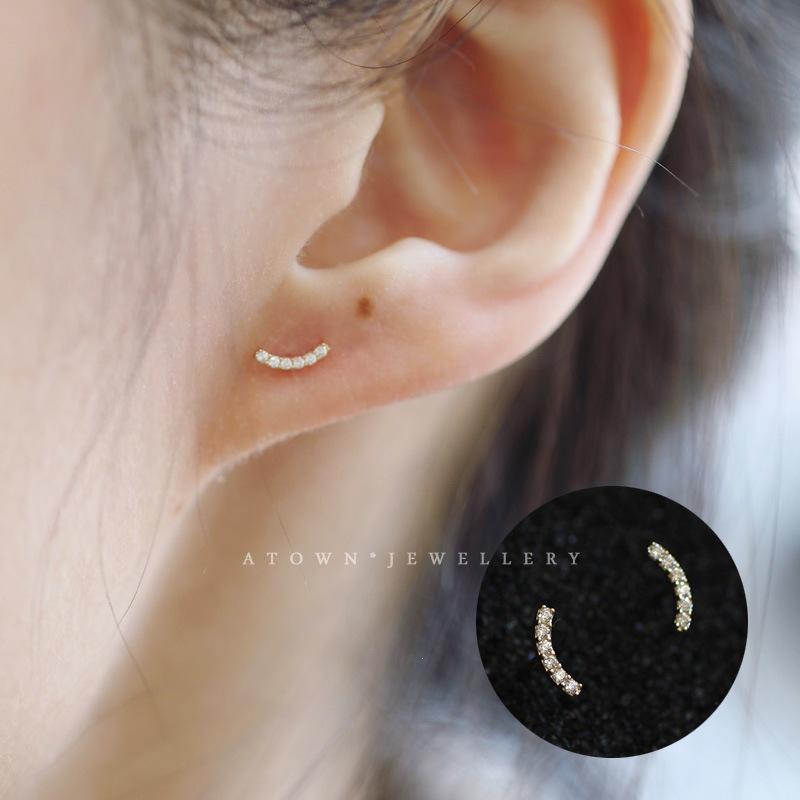 14K Gold-Plated Sterling Silver Smile Stud Earrings with Zirconia Gold Pair (with Silver Earplugs)