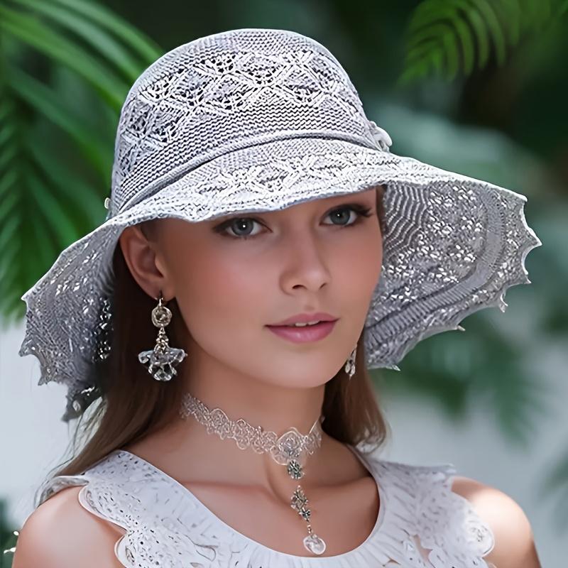 

high qualityWomen s Korean-Style Summer Sun Hat - Wide Brim Beach Hat with Wave Pattern & Bow Detail, Breathable Fabric, Button Closure for Outdoor, серый