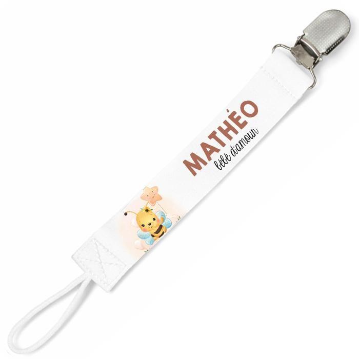 Planetee Attache tétine pour prénom MATHEO bébé d'amour abeille garçon | Attache sucette cadeau naissance