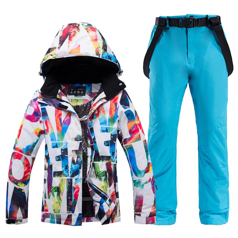 -30, Women Snow Wear Suit Sets, Snowboard Clothing, Waterproof, Winter Costume, Ski Jacket and Strap Pant, Belt Bibs for Female