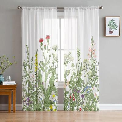 Vintage Herb Plant Flower Sheer Firanki do Sypialni Salon Dekoracja Okna Zasłony Kuchnia Tiul Woal Organza Zasłony
