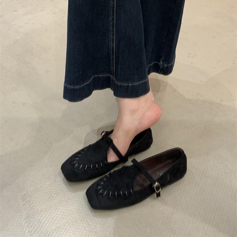 Suede Mary Jane Shoes Women's 2025 Autumn Soft-soled T-shaped with Shallow Mouth Flat-soled Single Shoes One-button Retro Small Leather Shoes