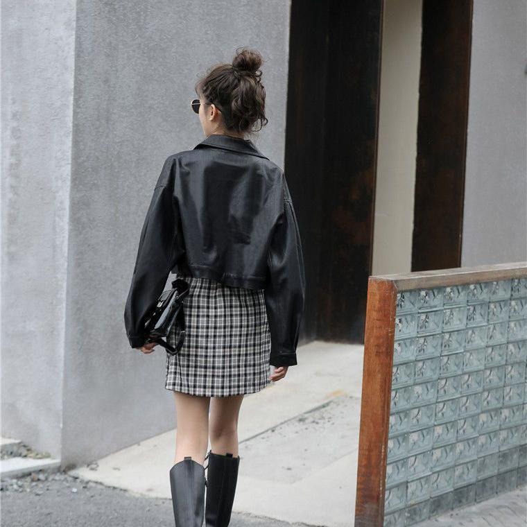 Módní volná dámská krátká bunda z umělé kůže - vintage kabát v korejském stylu