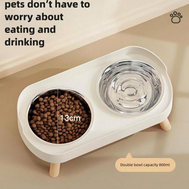 Elevated Stainless Steel/Plastic Pet Bowls Set with Stand, Dual Bowls for Small Dogs and Cats, with Splash Guard - Pet Feeder