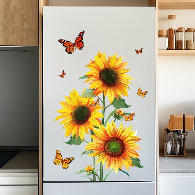 Sunflower Rose Refrigerator Stickers Removable Self Adhesive Cabinet Decals Waterproof for Home Kitchen Wall Design