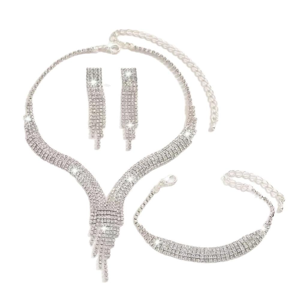 Fashion Rhinestone 3 - Piece Set Necklace Earrings Bracelet Cubic Zirconia Fringe Jewelry Set for Women