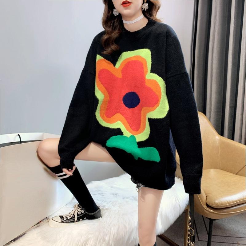 

Модный свободный свитер-пуловер с цветочным принтом и круглым вырезом, длинный рукав, женская одежда One Size чёрный