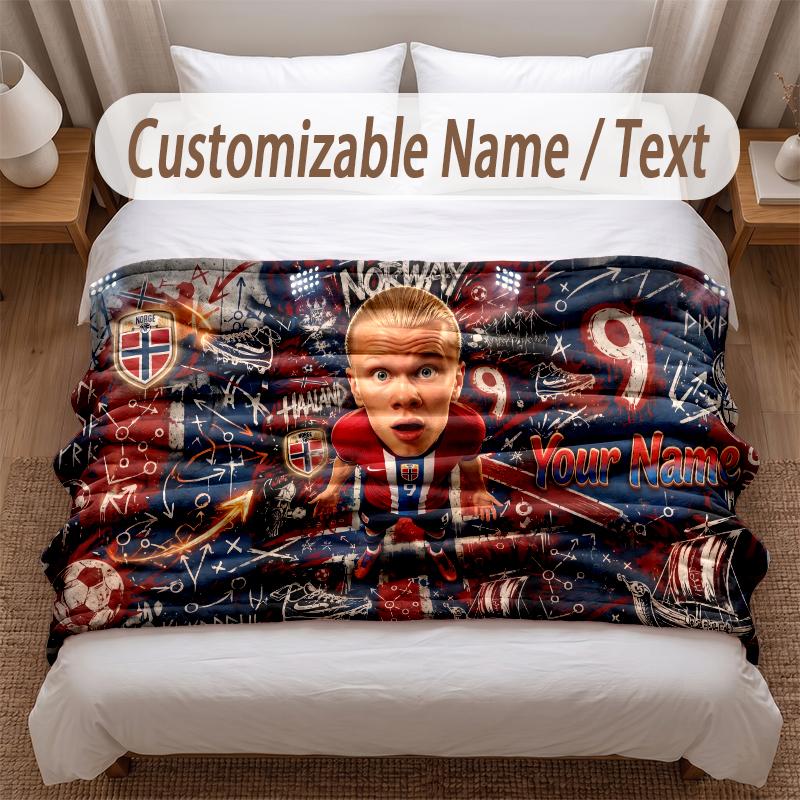 Erling Haaland Printed Flannel Blanket Custom Name Text Soft Warm Throw For Bedroom Holiday Gift