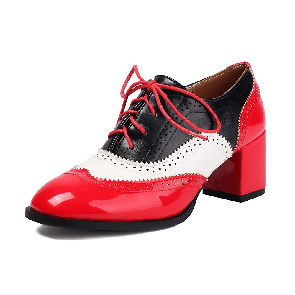 Vintage Casual Lace-up Shoes For Women Pumps Fashion Mixed Colors Women Lady PU Leather High Heels Single Shoe Big Size 34-46