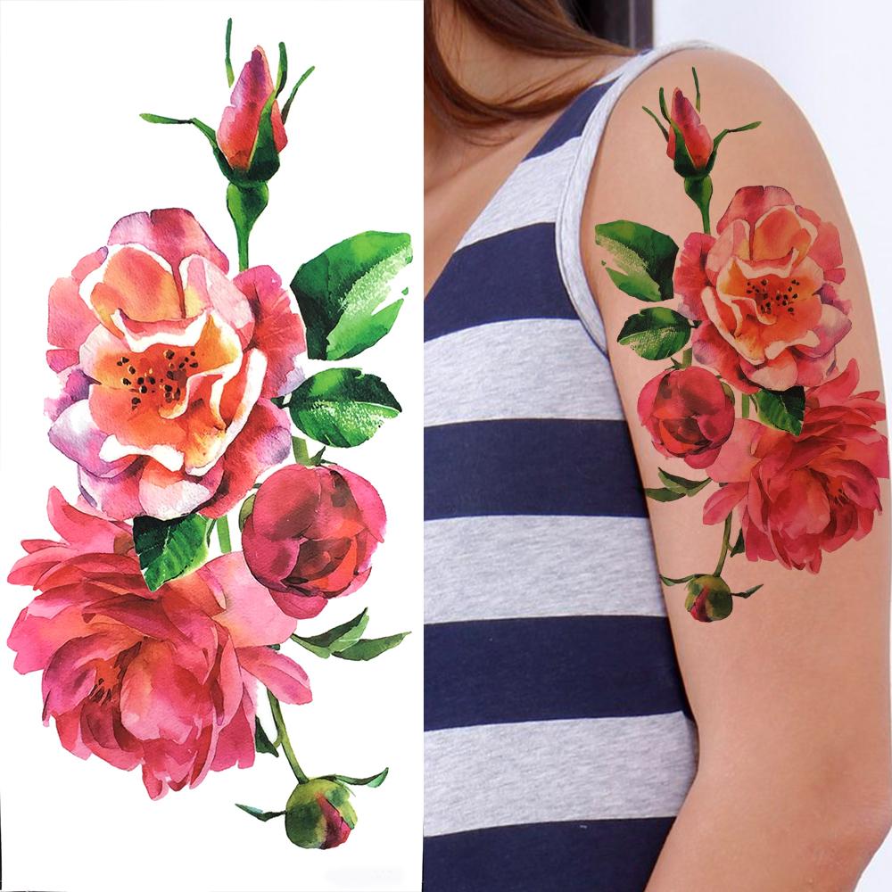 Blue Flower Temporary Tattoos For Women Girls Fake Peony Orchid Rose Tattoo Sticker Forearm Decoration Tatoo Paper Vine Planet