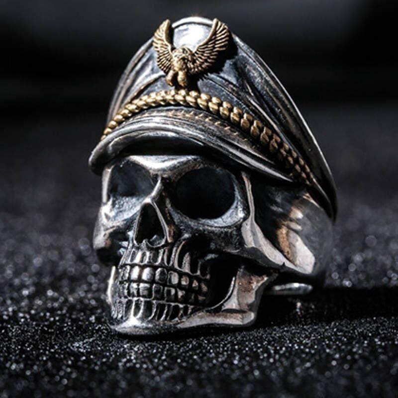Retro Colored Navy Officer Skull Ring For Men Punk Gothic Rock Hiphop Open Ring Biker Accessories Handmade Zircon Unisex Gift