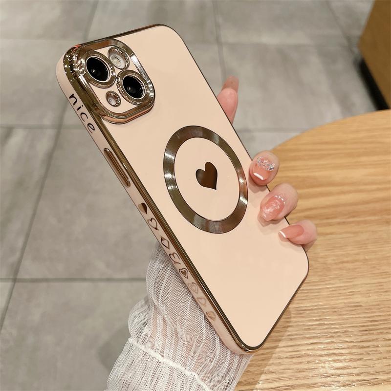 Custodia di lusso Magsafe Magnetica Placcata con Cuore d'Amore per iPhone 11 12 13 14 15 16 Pro Max X XR XS Plus Cover per Ricarica Wireless