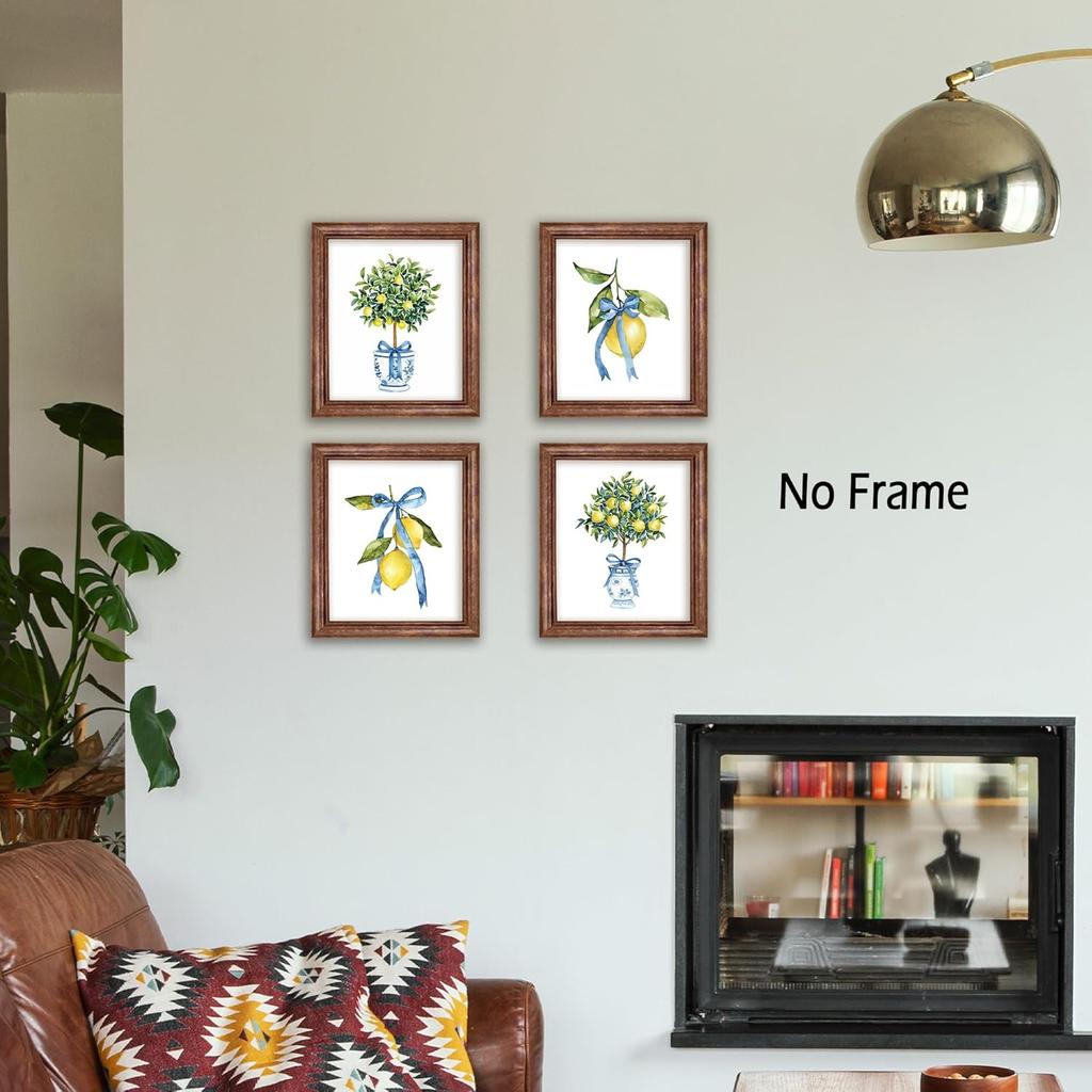 KSDUT Chinoiserie Vase Wall Art Decor Set of 4 - Lemon Tree Bows Artwork Poster Prints Blue and White Coquette Preppy Trendy Wall Decor for Home