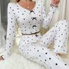 Women's Heart Print Rolled Edge Pajama Set – Long-Sleeved Top and Long Pants, Indoor & Outdoor Wear
