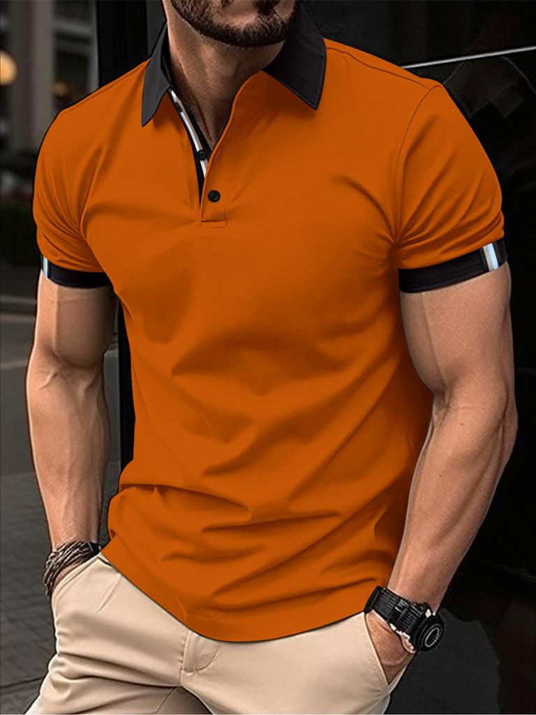 Men's Spring Summer Button Polo Shirt Short Sleeve Color Block T-shirt Fashion Casual Turn-Down Collar Top
