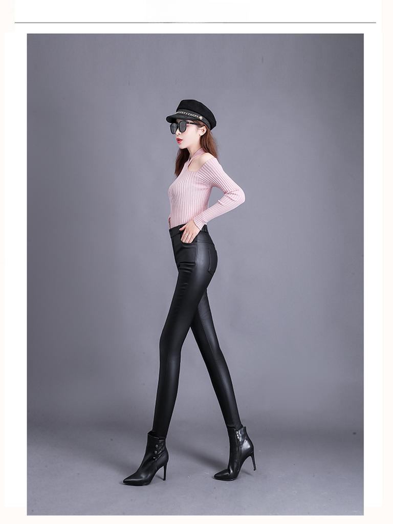 Matte Leather Pants Women Winter Fleece High Waist Leggings for Outerwear Small Feet Bottoms Women