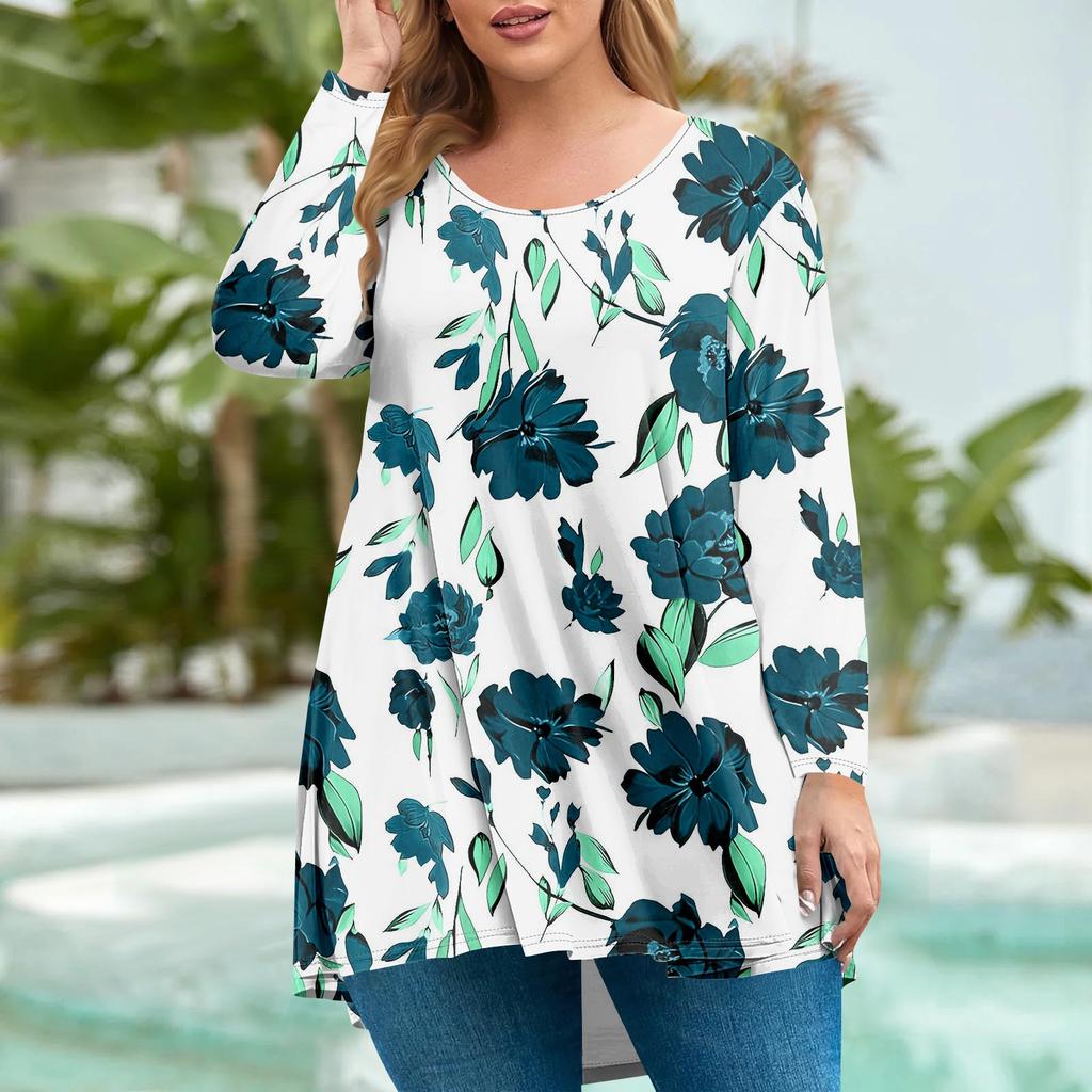Women's Plus Size Top, Garden Collar Long Sleeved Shirt, Fashionable Floral Print Casual Top