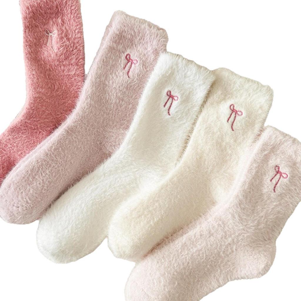 Women's Mink Velvet Bow Plush Socks - Cute and Warm Mid-Calf Sleep Socks for Autumn and Winter