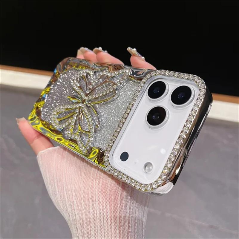 For iPhone 17 Pro Max Luxury Plating Frame Flash Diamond Butterfly Phone Case For iPhone 11 12 13 14 15 16 17 Protective Glitter  Cover