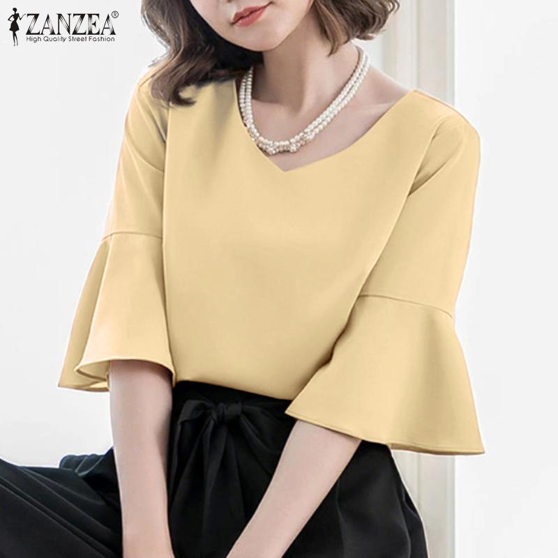 ZANZEA Women Casual V-Neck Flare 3/4 Sleeve Loose Blouse