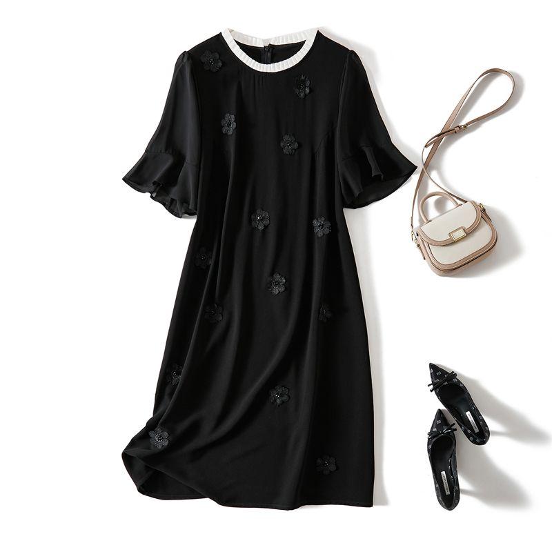 

Sucheng Shuya Temperament Dress! Women Ramie Yarn Three-Dimensional Petals Lotus Leaf Short sleeve Portable Shoulder Dress Summer Black 2XL