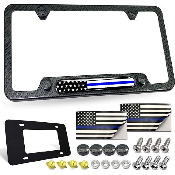 American Flag License Plate Frames - 2 Pack Black Stainless Steel Front Rear Car Tag Frames Printed With Patriotic USA Flag Pattern, With Decals